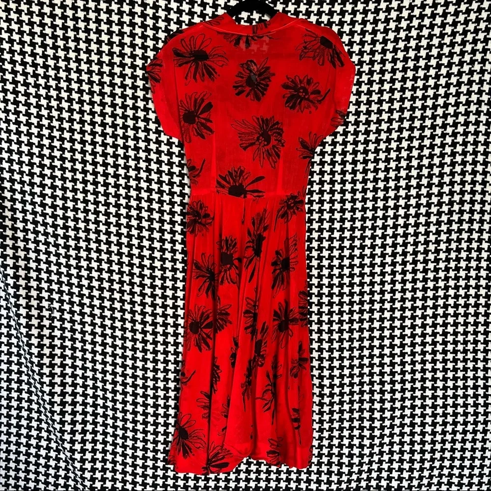 Vintage 1940s semi-sheer a-line red dress with allover black floral print. Small - Picture 10 of 15